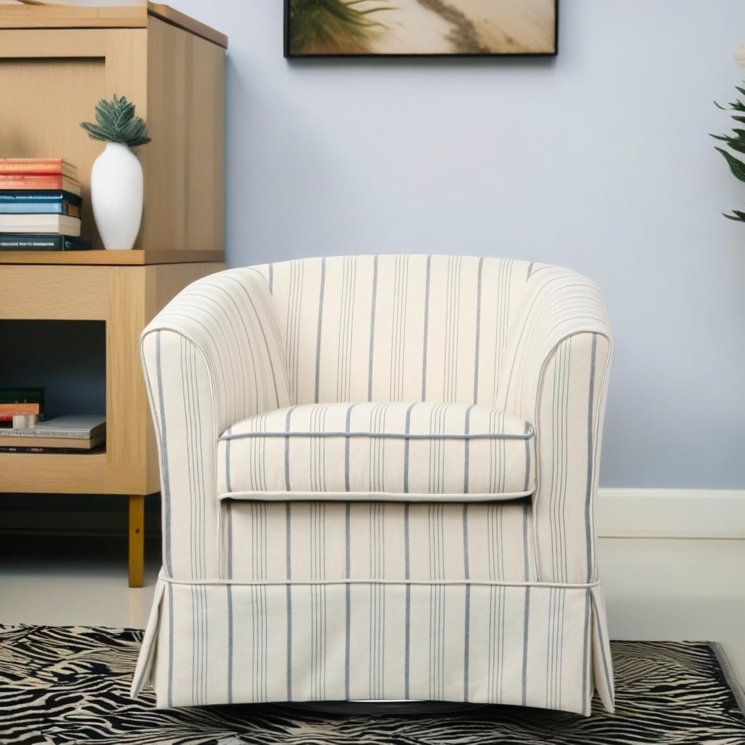 Christopher Knight Home Modern 360-Degree Swivel Accent Chair, Fabric Upholstered Club Chair, Comfy Reading Chair for Living Room, Bedroom Office, Beige/Blue Stripe