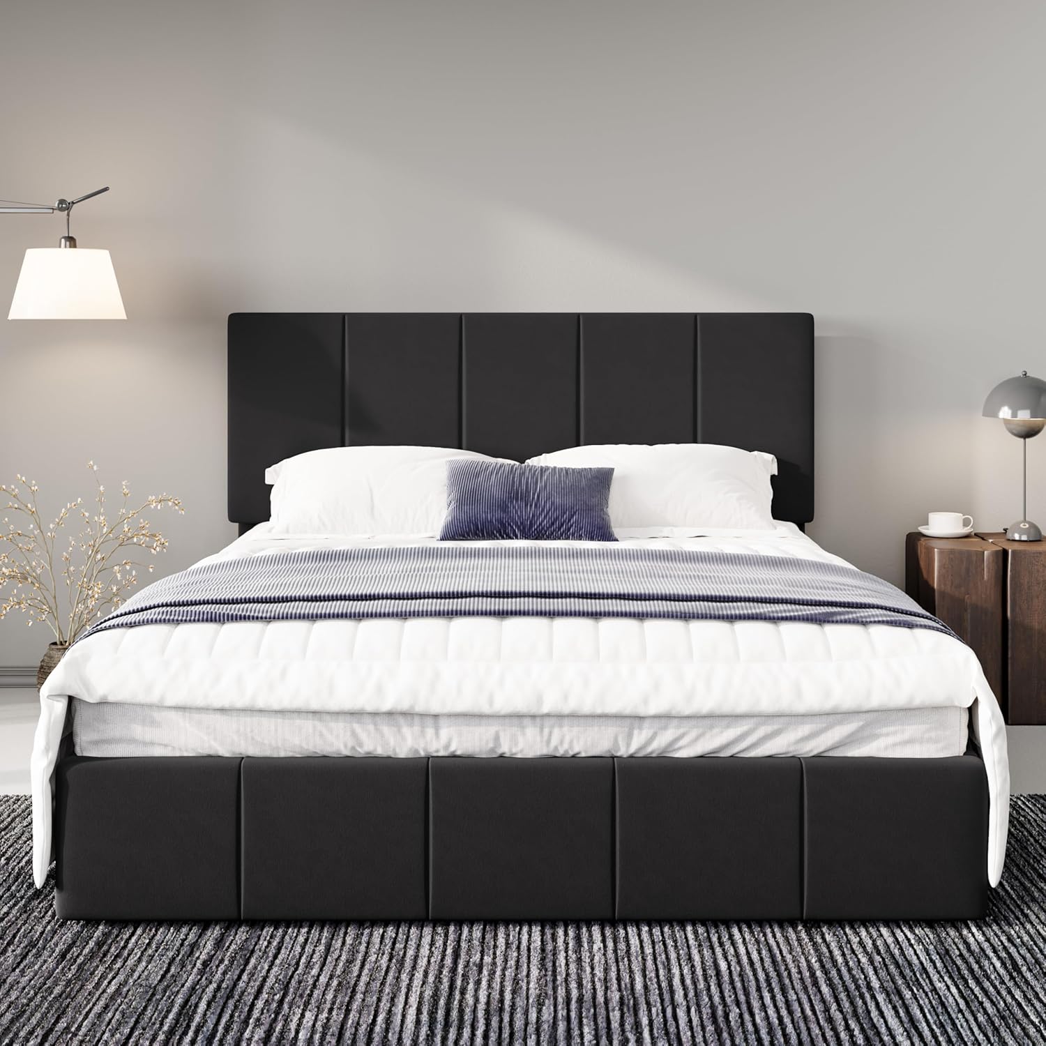 Allewie Full Size Dutch Velvet Upholstered Platform Bed Frame/Vertical Channel Tufted Adjustable Headboard/Low Profile Bed Frame/No Box Spring Needed/Easy Assembly/Black