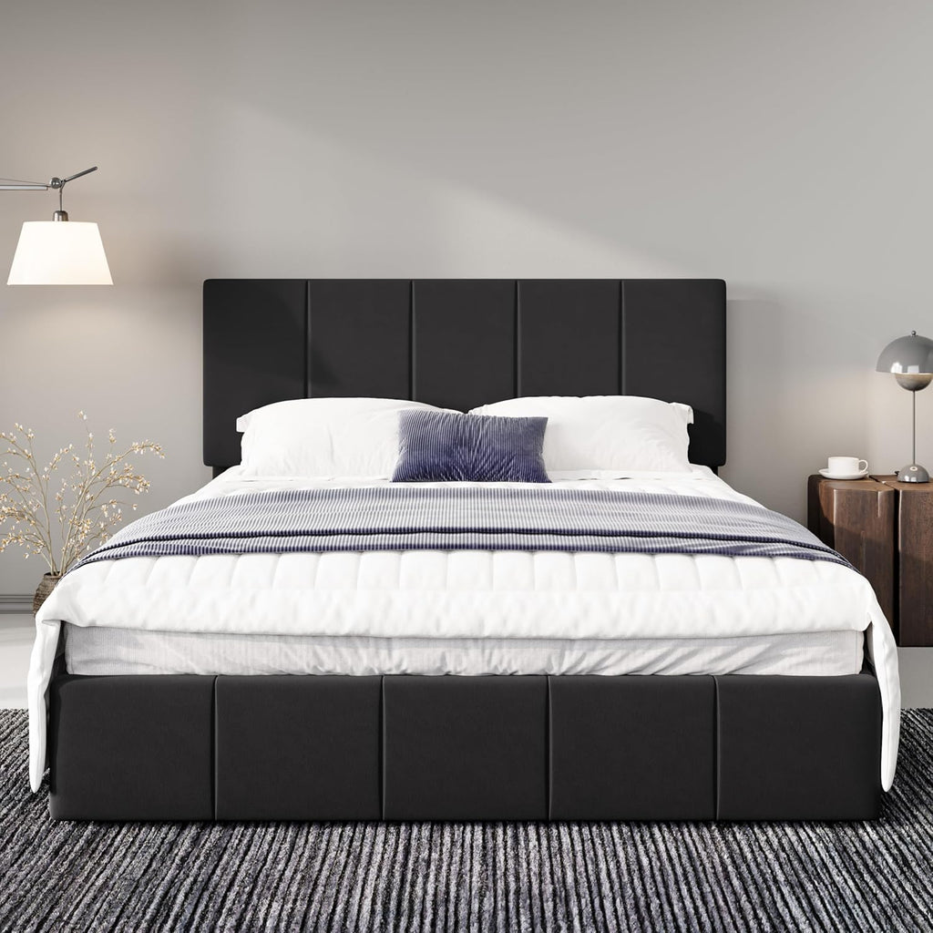 Allewie Full Size Dutch Velvet Upholstered Platform Bed Frame/Vertical Channel Tufted Adjustable Headboard/Low Profile Bed Frame/No Box Spring Needed/Easy Assembly/Black