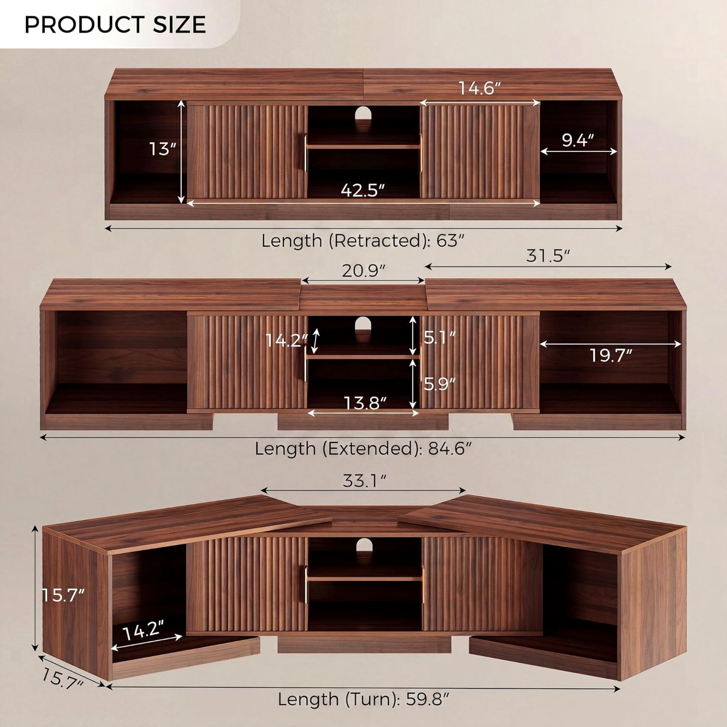 IRONCK TV Stand for 55-80 Inches TVs, 63"-84.6" Adjustable Length, Extendable Corner Entertainment Center with Storage Cabinets, Fluted Doors Modern Media Console, Ideal for Living Room, Walnut