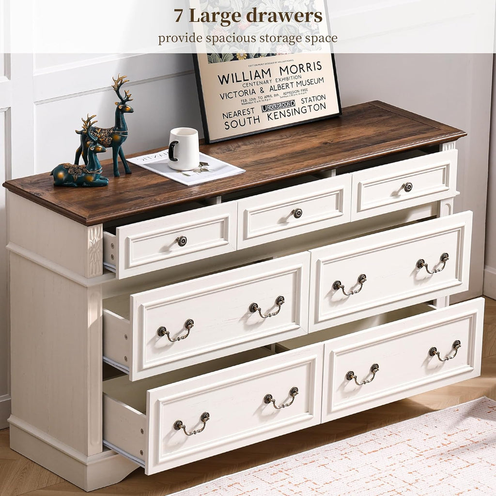 Farmhouse Dresser and Nightstand Sets, 6-Drawer with 7 Drawer Dresser & 3 Drawer Nightstand Sets, 4 Pieces Rustic Wood Bedroom Furniture Set for Home, Bedroom, Hallway(White)
