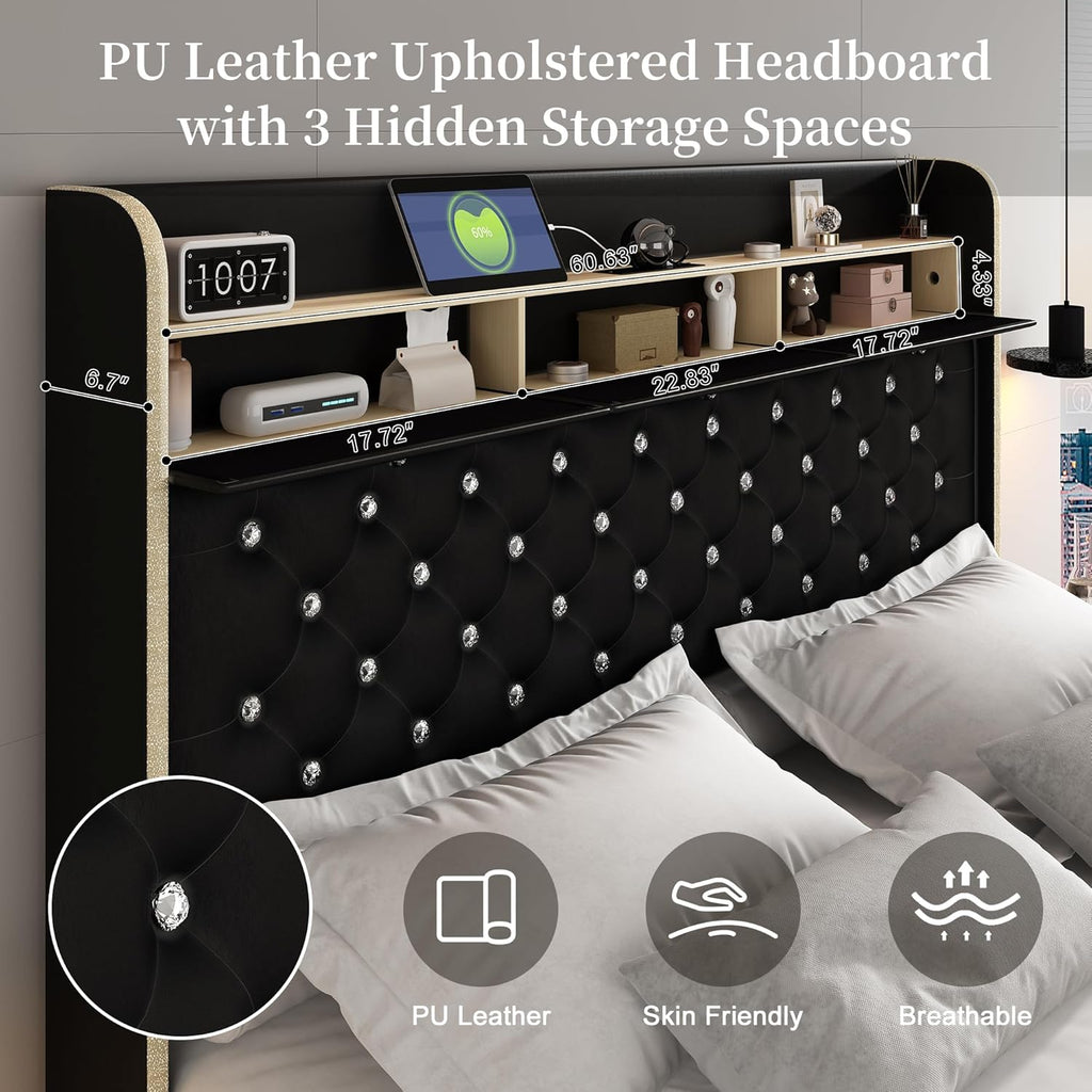 SIBEDS Queen Led Bed Frame with Galaxy Aurora Star Projector, Platform Beds with Charging Station, 52" Diamond Upholstered Wingback Bedframe with 2 Storage Drawers, No Box Spring Needed, PU Black