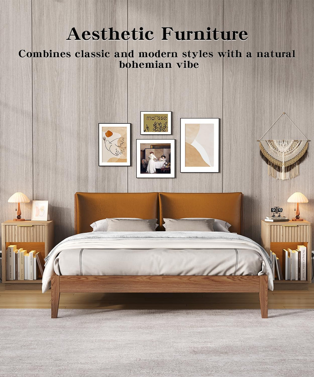 Akxomel Fluted Nightstands Set of 2, Wooden Night Stand with Charging Station and LED Light, Modern Mid Century Bed Side End Table with Drawer, 15" D x 15.7" W x 22.6" H, for Bedroom, Natural Oak