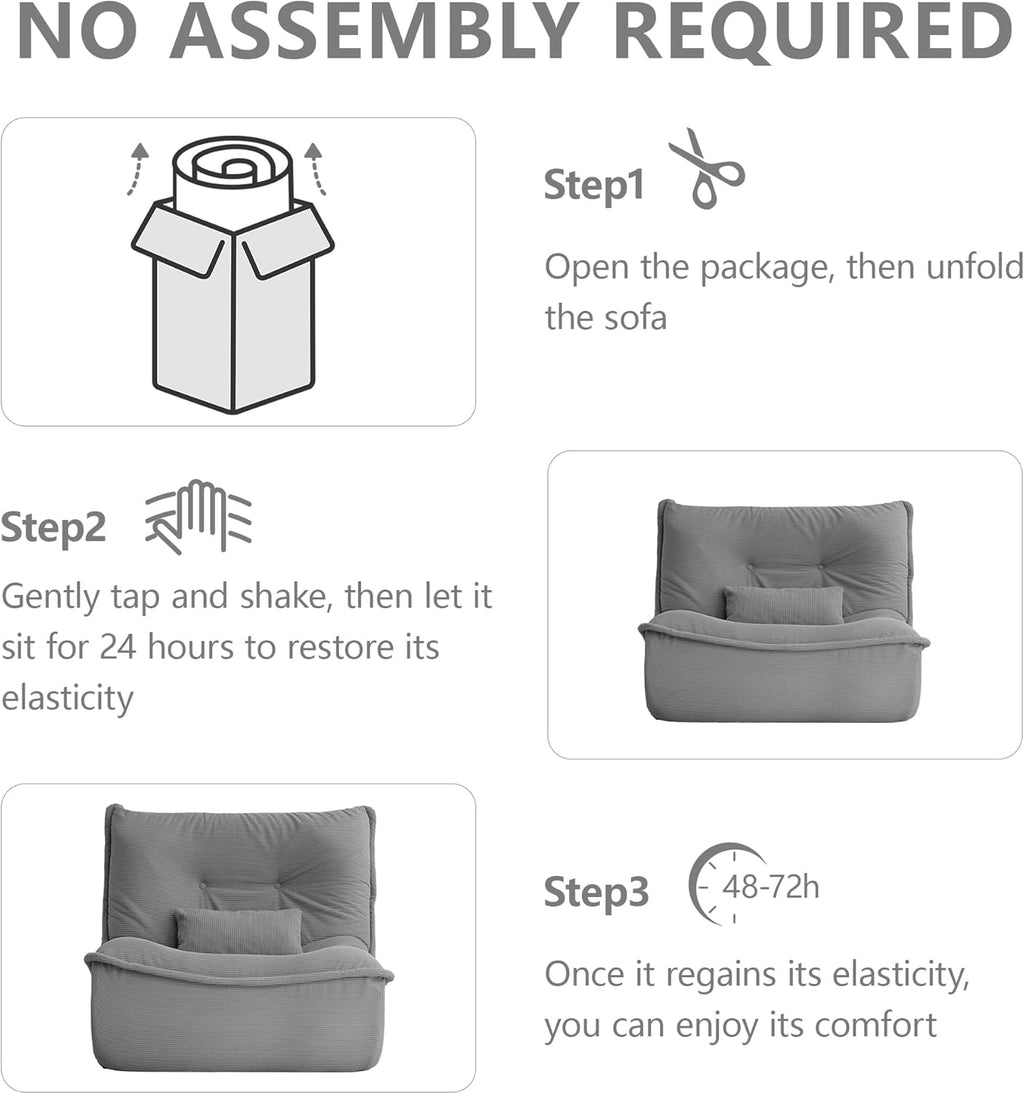 Bean Bag Chair for Adults, Single Lounge Chair with Lumbar Pillow, Comfy Floor Sofa with High-Resilience Foam, Lazy Accent Chair for Living Room, Bedroom, Apartment, Or Reading Corner, Gray