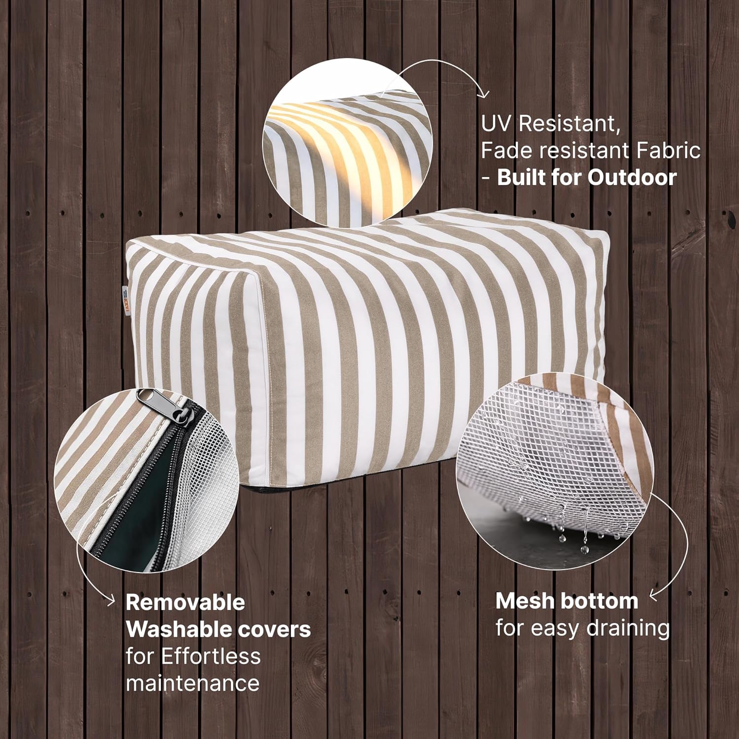 Jaxx Leon Outdoor Bean Bag Ottoman, Taupe Striped
