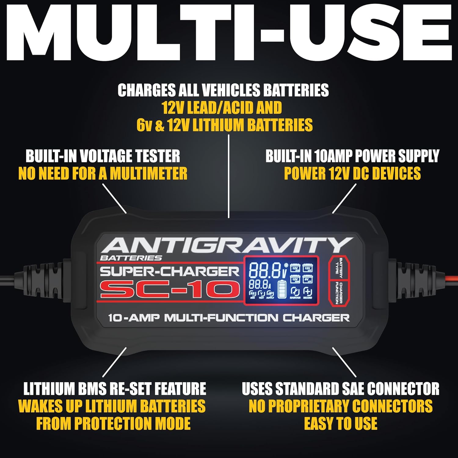 Antigravity SC-10 Super-Charger 10A Smart Battery Charger & Maintainer for 6V/12V Lithium (LiFePO4) & 12V Lead-Acid Batteries – Wall-Powered, LCD Display, Power Supply Mode, BMS Reset