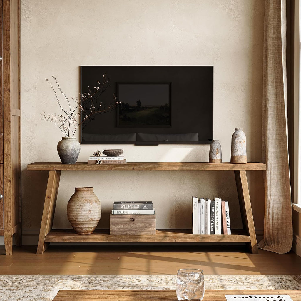 LITTLE TREE Solid Wood TV Stand, Farmhouse Media Console for 55/60/65 inch TV, 2-Tier Mid-Century Modern TV Stand with Storage, for Living Room, Entertainment Center (Walnut, 63-Inch)