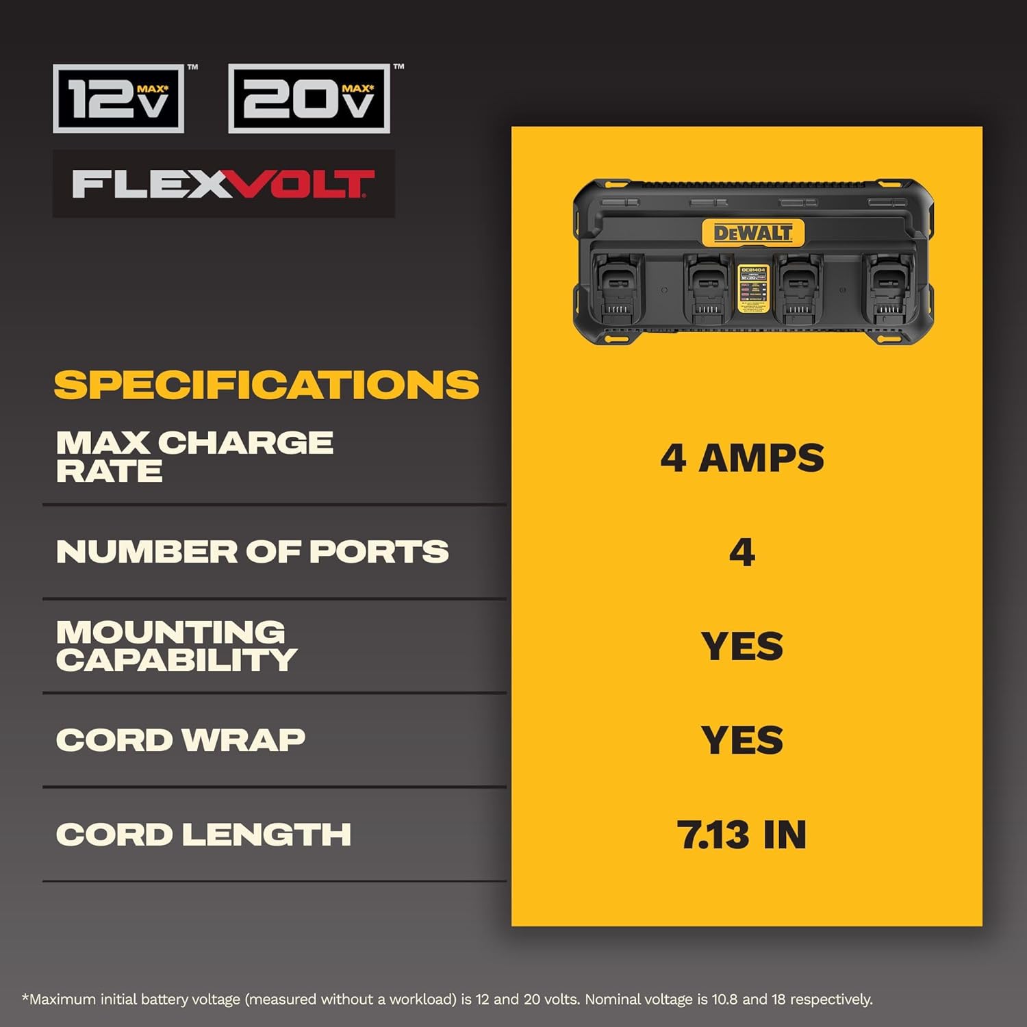 DEWALT Battery Charger 12V MAX, 20V MAX, FLEXVOLT 20V/60V MAX, 4 Amp, Fast Charger, Multiport Simultaneous Charging Station (DCB1404)