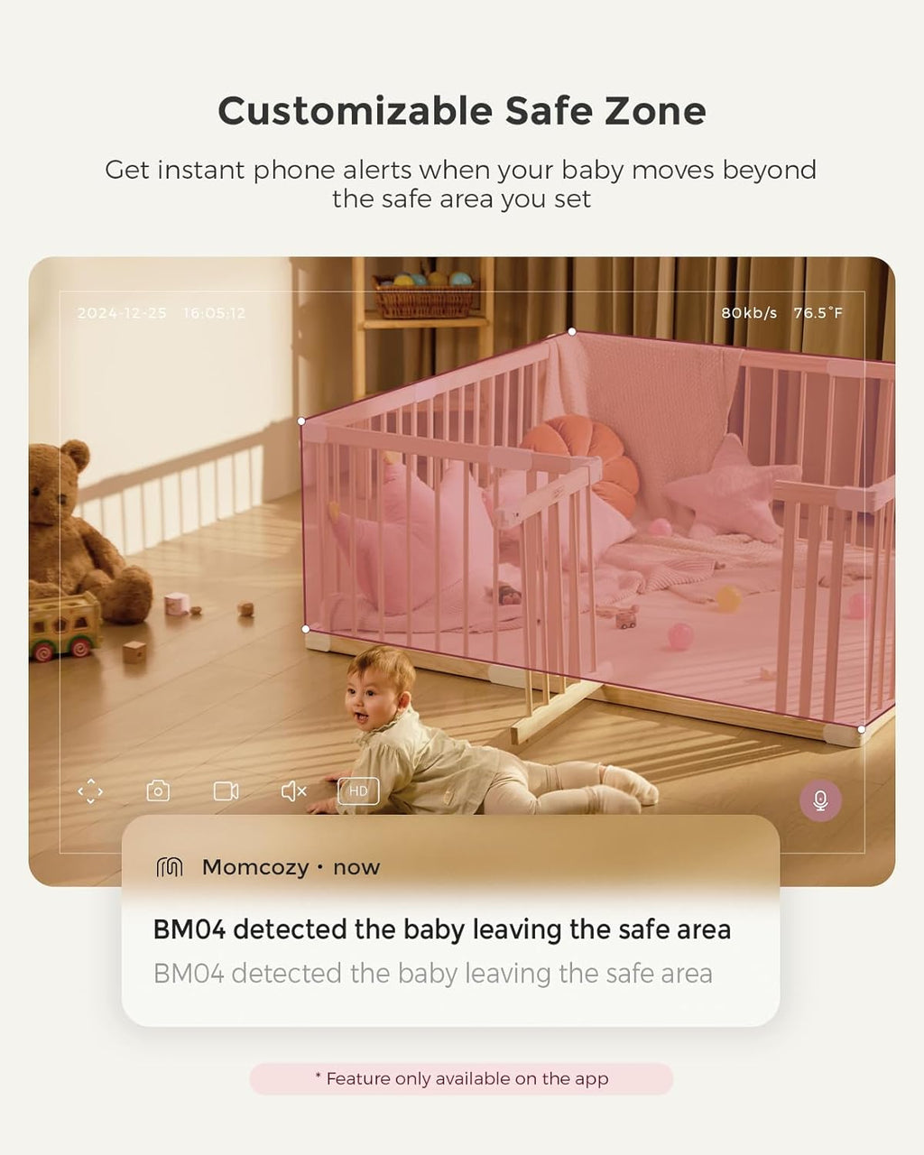 Momcozy Smart WiFi Baby Monitor with Camera and Audio, 5" 1080P Screen with Wall Mount, Motion & Cry Detection, Safe Fence,Clear Night Vision, 5000mAh Battery, 2-Way Talk, Photo & Video Recording,BM04