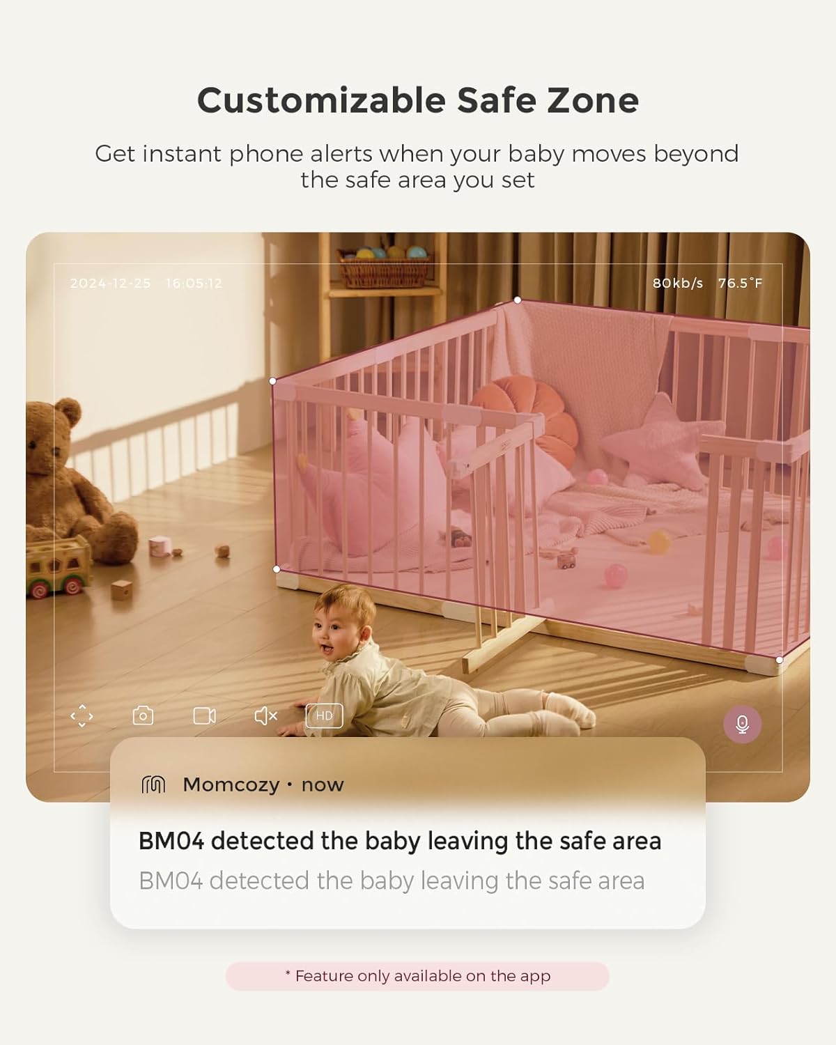 Momcozy Smart WiFi Baby Monitor with Camera and Audio, 5" 1080P Screen with Wall Mount, Motion & Cry Detection, Safe Fence,Clear Night Vision, 5000mAh Battery, 2-Way Talk, Photo & Video Recording,BM04