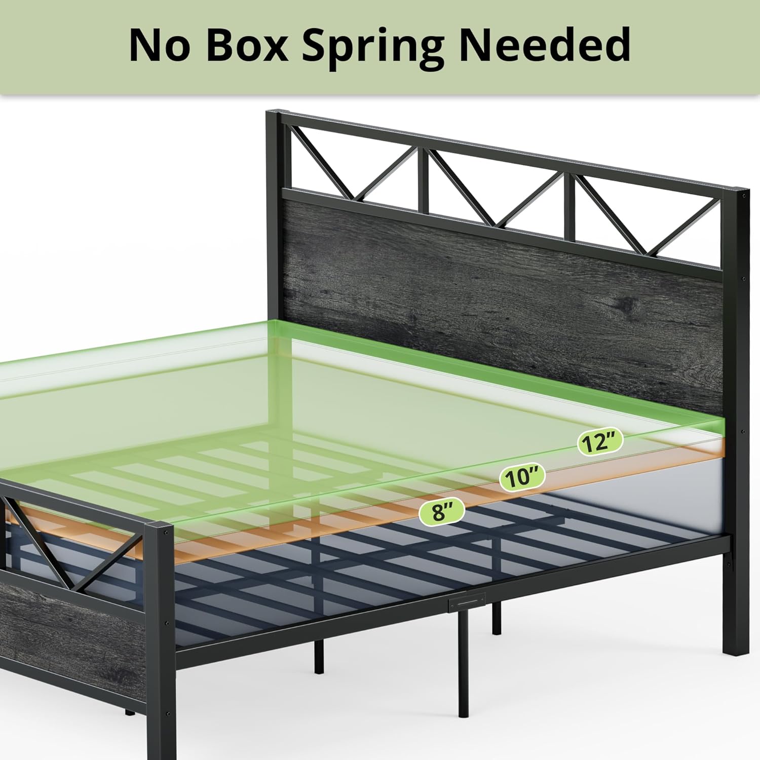LIKIMIO King Bed Frame, Tall Industrial Headboard 51.2 ", Platform Bed Frame with Strong Metal Support, Solid and Stable, Noise Free, No Box Spring Needed, Easy Assembly, Charcoal Grey