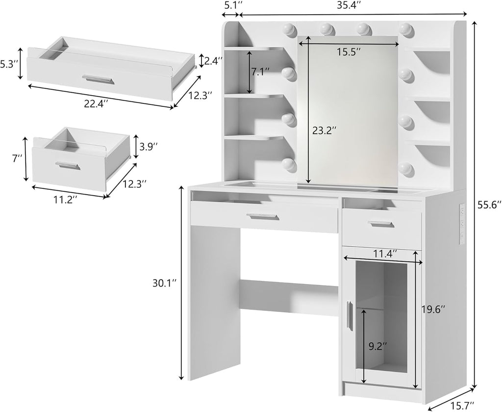 HUAHUU Vanity Desk with Mirror and Lights, Makeup Vanity Desk with Lights 3 Colors, Transparent Top Vanity with 2 RGB Drawers, 6 Shelves, Large Tempered Cabinet, Power Outlet, for Bedroom, White