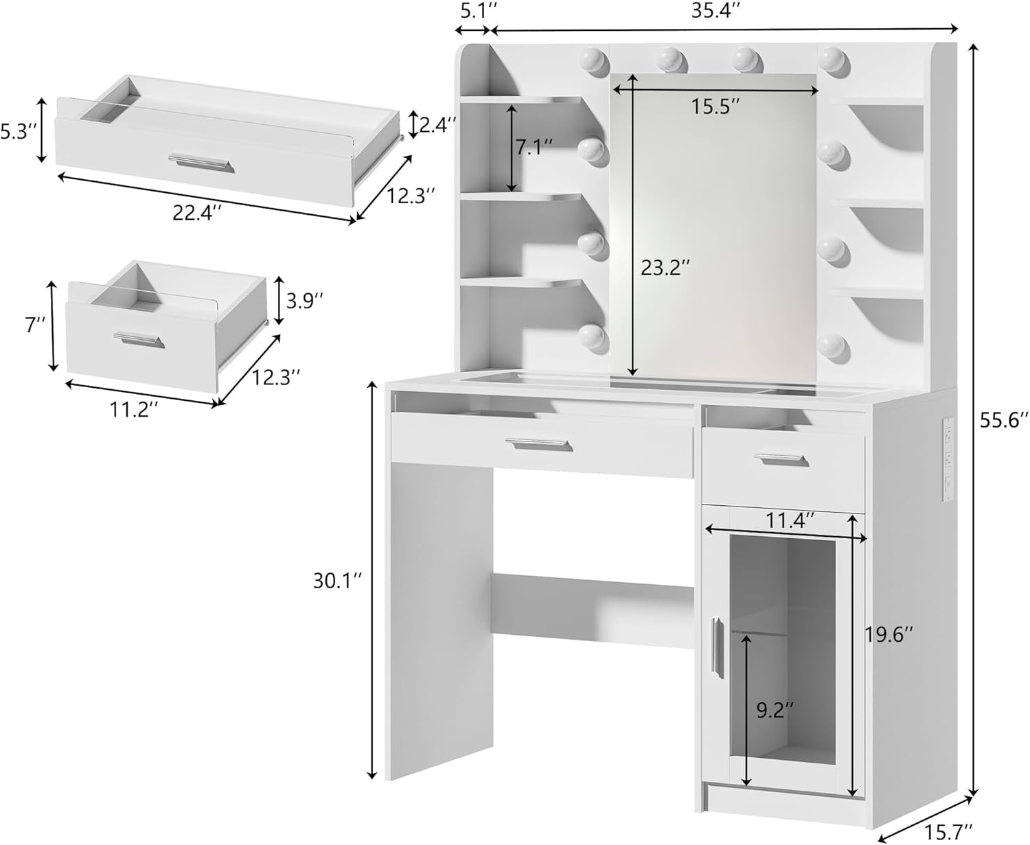 HUAHUU Vanity Desk with Mirror and Lights, Makeup Vanity Desk with Lights 3 Colors, Transparent Top Vanity with 2 RGB Drawers, 6 Shelves, Large Tempered Cabinet, Power Outlet, for Bedroom, White