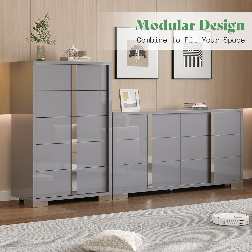AMERLIFE 4 Piece Bedroom Dresser Set, Modern High Gloss UV Finish, 2 Nightstands, Chest of 5 Drawers & 6-Drawer Dresser, Electroplated Metal Handles, Bedroom Furniture Set, Grey
