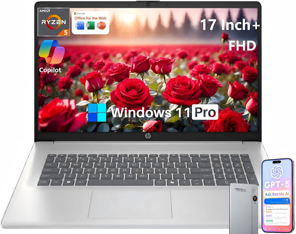 HP 17 Inch Laptop, 17.3" FHD IPS Display, AMD Ryzen 5 7430U (Up to 4.5GHz), 20 GB RAM, 512 GB SSD, Wi-Fi 6, Bluetooth 5.4, Windows 11 Pro, Copilot AI Key, Numeric Keypad, w/RECOLX AI Voice Recorder