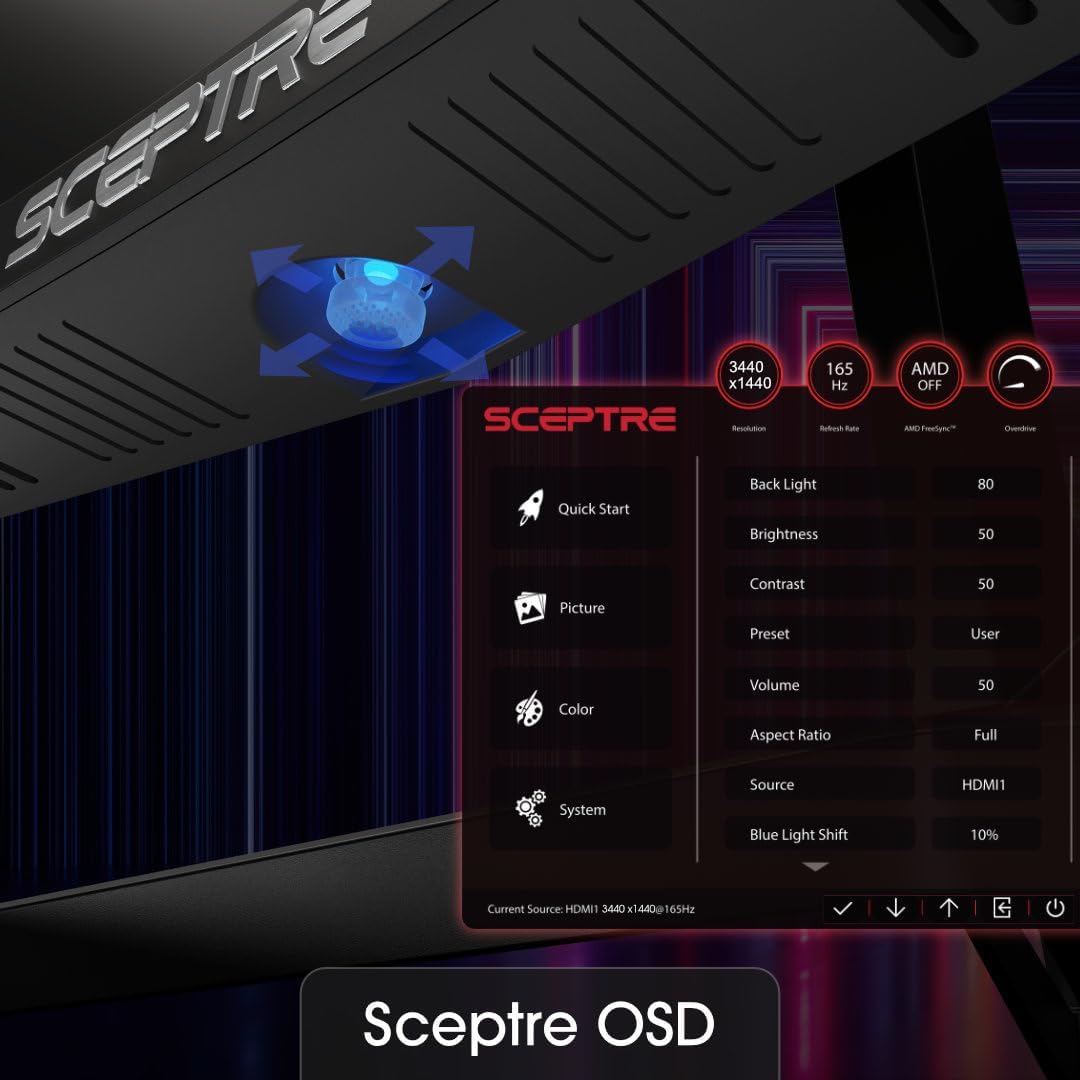 Sceptre 34-Inch Curved Ultrawide WQHD Monitor (3440 × 1440), R1500, up to 180Hz/165Hz, DisplayPort x2, 99% sRGB, 1ms, Built-in Speakers, Machine Black, 2025 (C345B-QUT168)