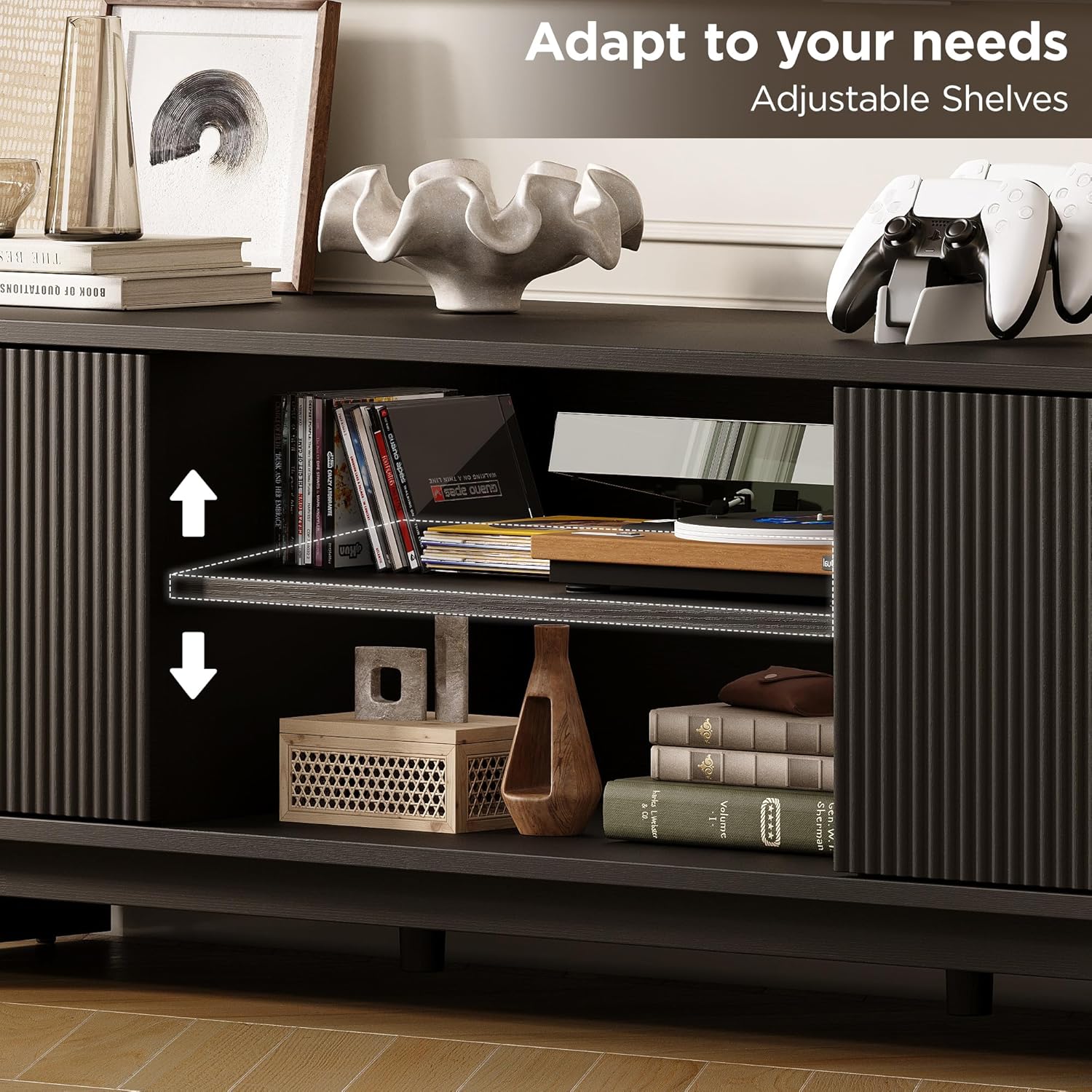 Vabches 70" Mid Century TV Stand for TVs up to 80 Inch,Fluted Entertainment Center with Storage and Adjustable Shelves,Modern Media Console Table for Living Room,Bedroom,Black