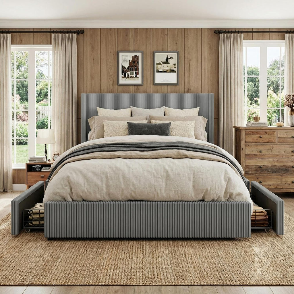GarveeHome Queen Grey Storage Bed Frame, Corduroy Upholstered Platform Bedframe with 4 Drawers and Headboard, No Box Spring Needed, Easy Assembly
