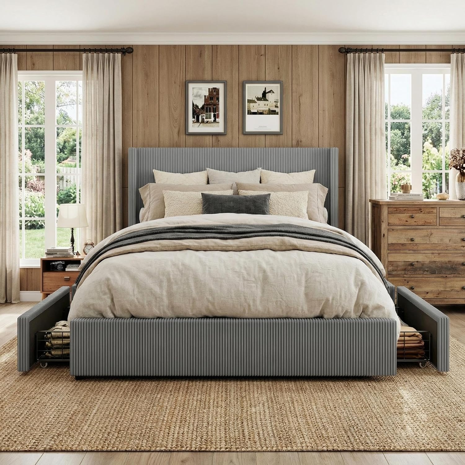 GarveeHome Queen Grey Storage Bed Frame, Corduroy Upholstered Platform Bedframe with 4 Drawers and Headboard, No Box Spring Needed, Easy Assembly