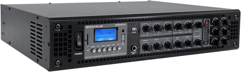 Rockville Commercial Audio Bundle: (6) WET-6B 70V 6.5" Black IP55 Outdoor Wall Speakers, RCS180-6 180W 6-Zone Amplifier with Bluetooth for Restaurant/Office/Cafe/Bar, 7-Items