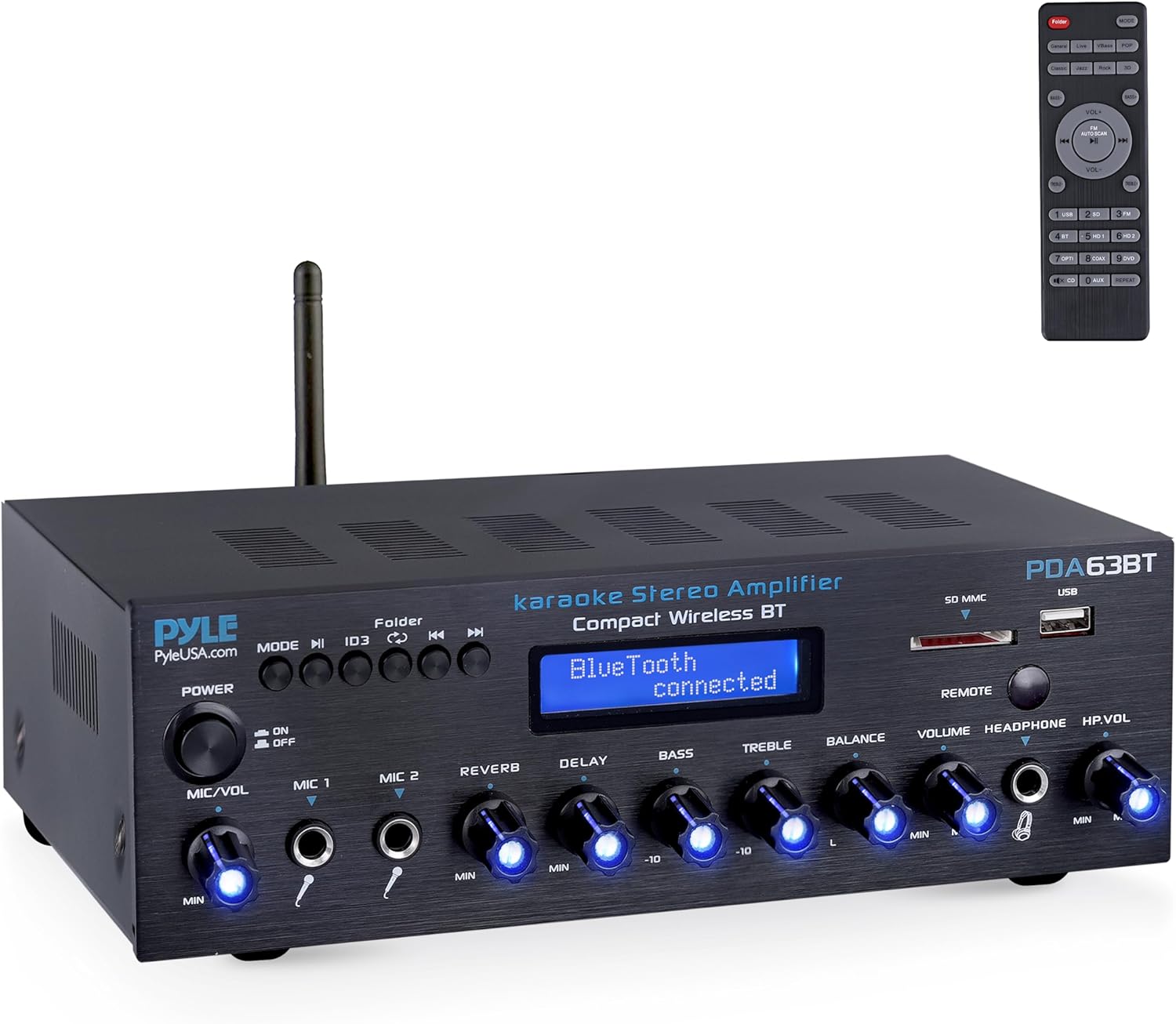 Pyle Wireless BT Stereo Amplifier - Multi Channel, 200 Watt Power, Home Audio Receiver System with FM Radio, BT, USB SD, AUX, RCA, Mic-in, BT and FM Antenna