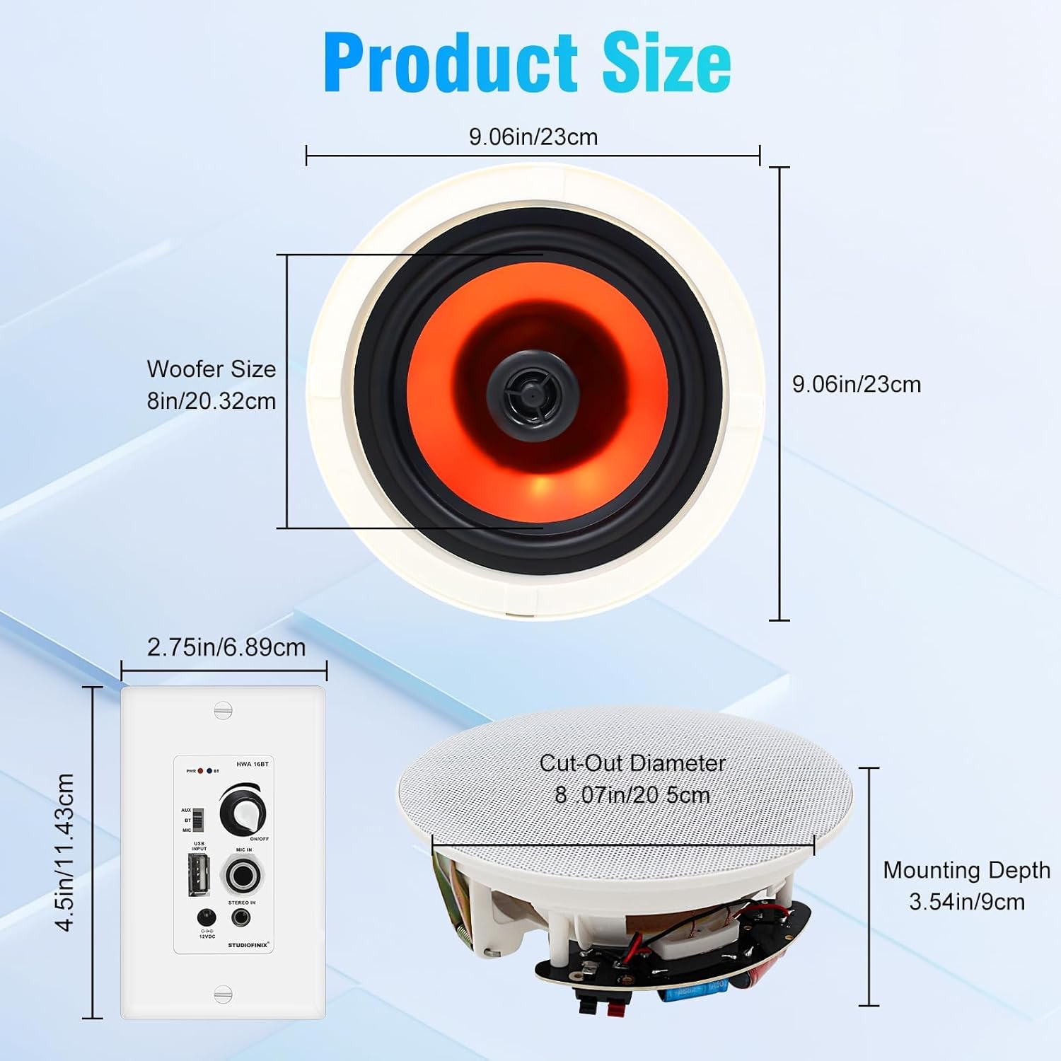 STUDIOFINIX 8 Inch Bluetooth Ceiling Speaker System, 400W Peak in-Ceiling Speakers with 2-Channel Wall Amplifier, Flush Mount Home Audio for Living Room, Office, Kitchen & Covered Patio（Pair）