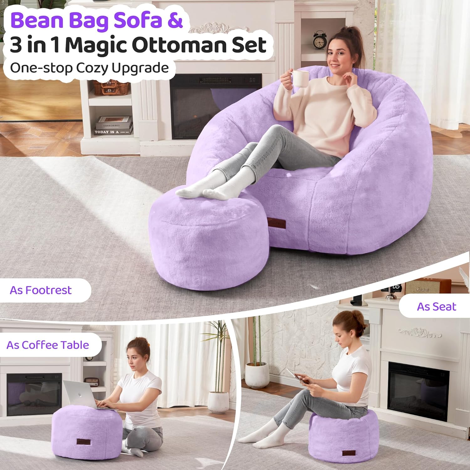 HABUTWAY Bean Bag Chair, Giant Bean Bag Chairs for Adults with Ottoman, Comfy Faux Fur Shell-Shaped Bean Bag Couch, Sofa Chair for Living Room, Bedroom, Purple