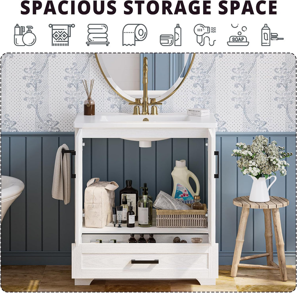 IRONCK Bathroom Vanity, 24" Bathroom Vanity with Sink, Farmhouse Wood Fixture Stand Pedestal Bathroom Cabinet with Drawer, Easy Assembly