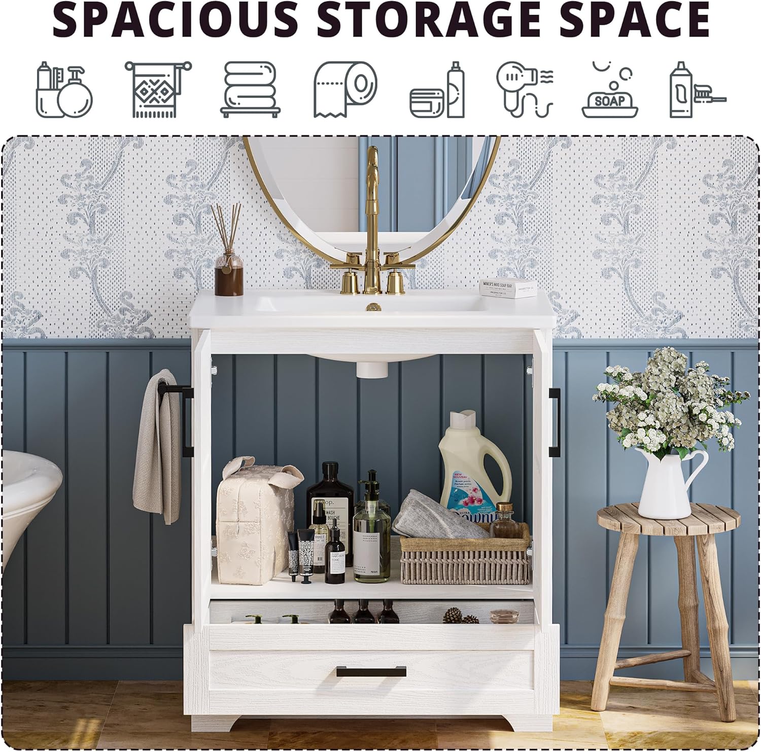 IRONCK Bathroom Vanity, 24" Bathroom Vanity with Sink, Farmhouse Wood Fixture Stand Pedestal Bathroom Cabinet with Drawer, Easy Assembly