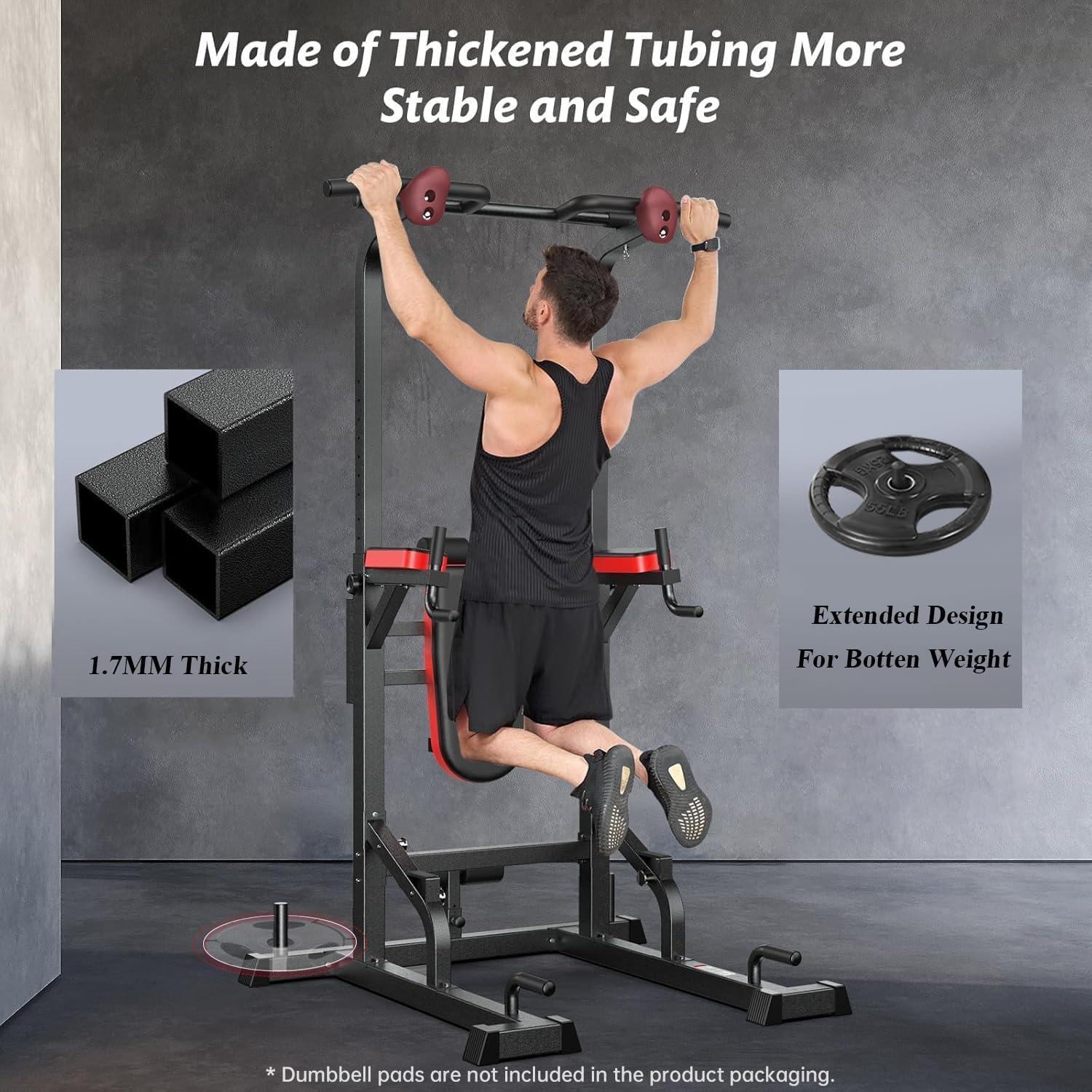 Pooboo Power Tower Dip Station Pull Up Bar for Fitness Home Gym Workout,450 Pounds Multi-Function Adjustable Height Fitness Strength Training Exercise Equipment,with Power Elastic Ropes