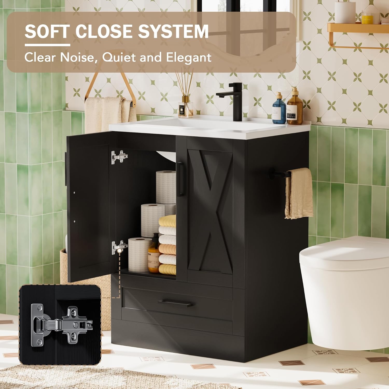 JUMMICO 24" Bathroom Vanity with Sink, Bathroom Storage Vanity Sink Cabinet with 2 Doors ＆ 1 Drawer Space, Farmhouse Wooden Free Standing Bathroom Cabinet with Sink Combo, Easy Assembly (Black)