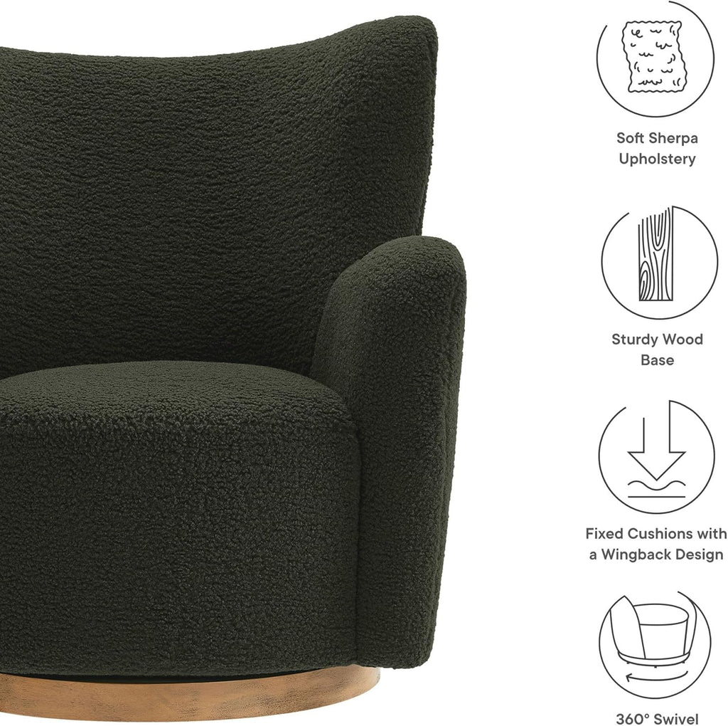 Modway Montrose Swivel Wingback Accent Chair in Fern Walnut Sherpa Teddy Fabric – Modern Furry Barrel Chair with 360-Degree Swivel Base – Soft and Comfy Living Room Chair