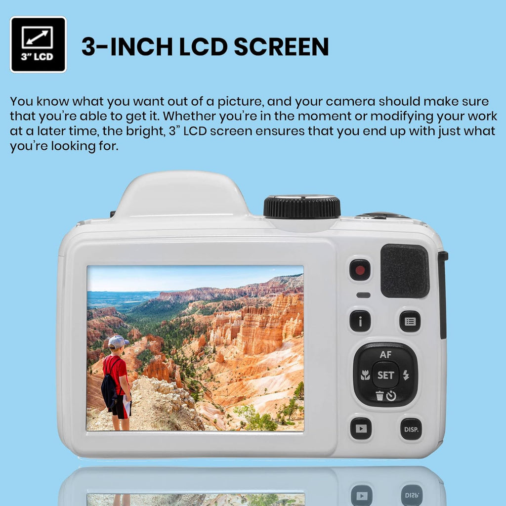 Kodak PIXPRO AZ405 Digital Camera (White) Bundle with Case, 32 GB SD Memory Card, Memory Card Wallet, Card Reader, Table Tripod, 4 AA Batteries & White Charger and Cloth
