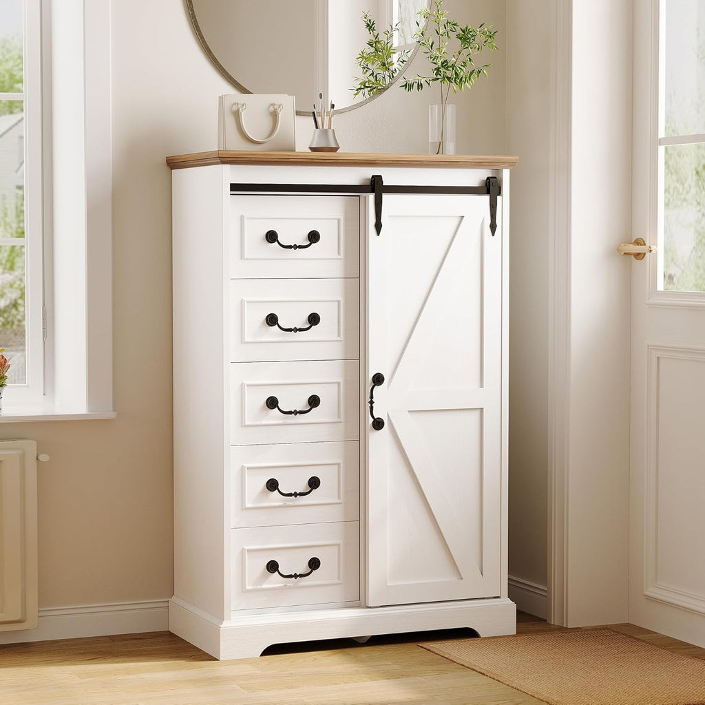 IRONCK 5 Drawers Dressers for Bedroom, Farmhouse Dresser Chest of Drawer with Sliding Barn Door,48” Tall Dresser Storage Organizer for Living Room, Entryway, White/Walnut