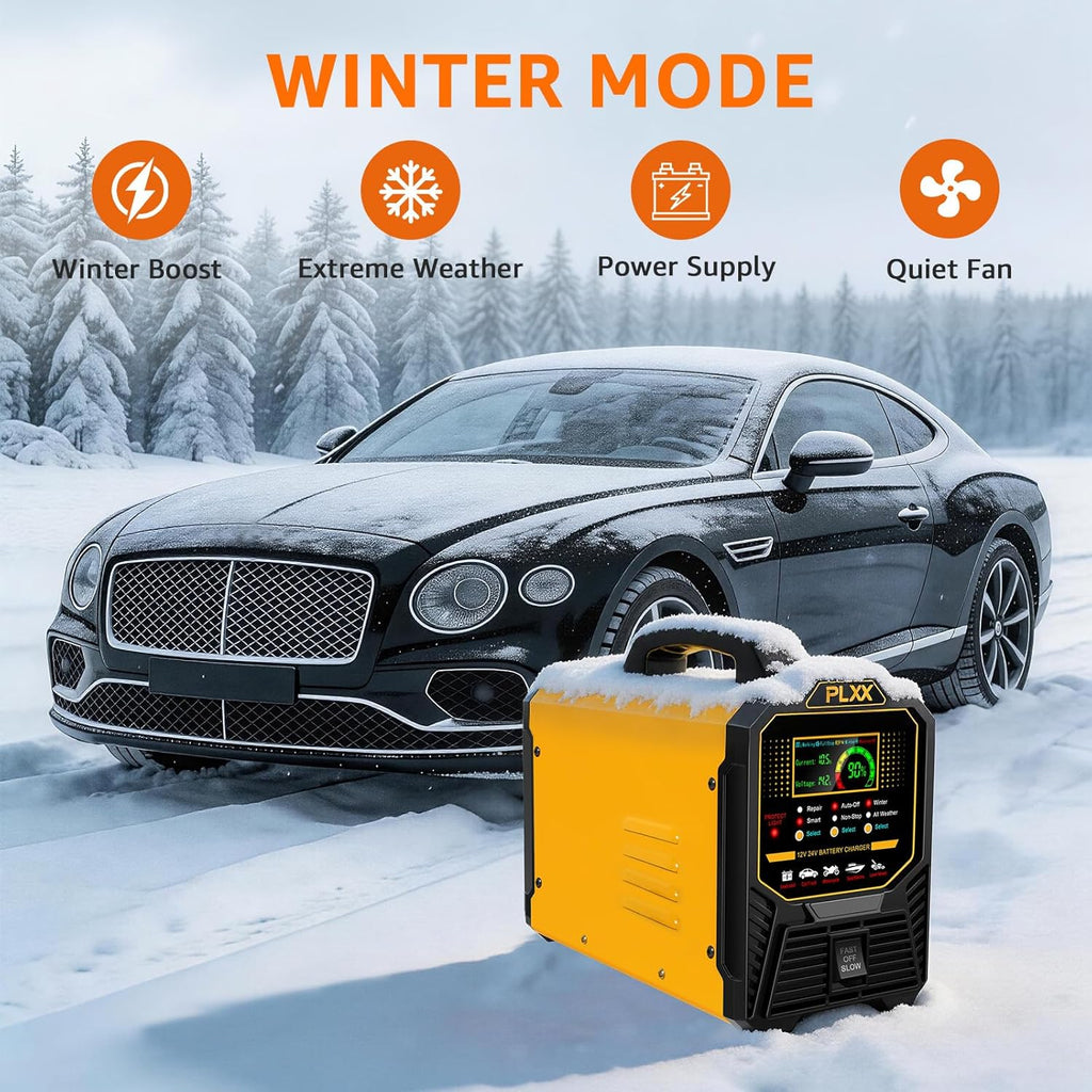 PLXX 12V 24V Car Battery Charger Heavy Duty 0-15A Automatic Smart Trickle Charger with Auto Shutoffs, Repair, Winter Mode, for Automotive Car Truck Motorcycle Lawn Mower Boat Marine AGM