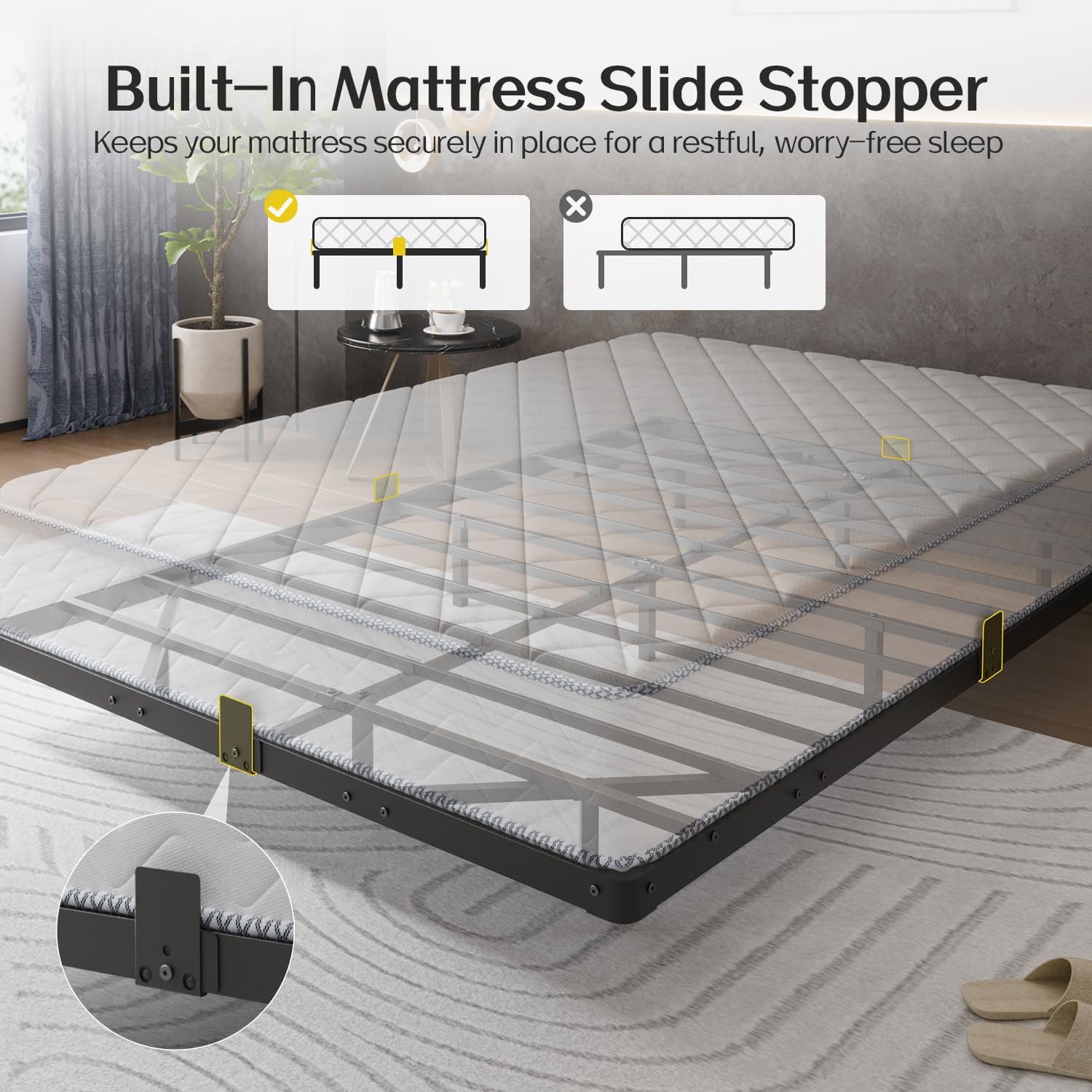 Liians Queen Size Floating Bed Frame with USB Charging Station and LED Lights, Modern Metal Platform Bed Frame with Mattress Slide Stopper, Noise Free No Box Spring Needed and Easy Assembly