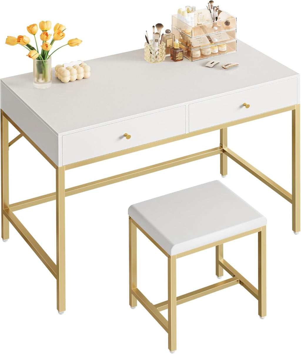 SUPERJARE 35.4" White and Gold Desk with 2 Drawers, Modern Makeup Vanity with Padded Stool, Small Computer Desk Home Office Desk for Writing Study Bedroom