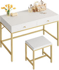 SUPERJARE 35.4" White and Gold Desk with 2 Drawers, Modern Makeup Vanity with Padded Stool, Small Computer Desk Home Office Desk for Writing Study Bedroom