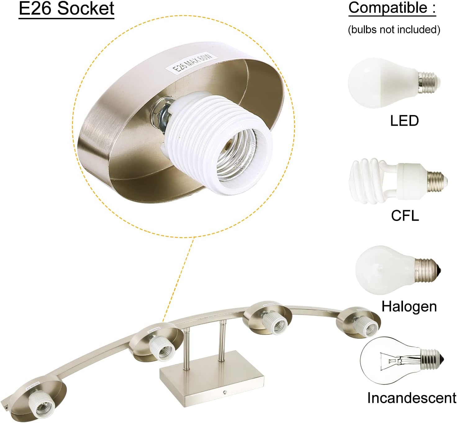 4-Light Brushed Nickel Vanity Light Fixture with White Glass Shade for Bathroom Over Mirror, 31.5 Inches