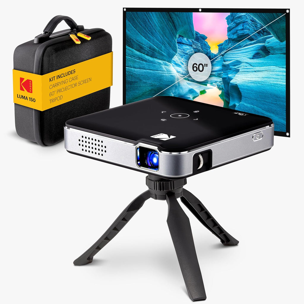KODAK Luma 150 Pocket DLP Projector Kit - Black - 120-Inch Output for Portable Mini Movie Projector - Miracast & AirPlay Screen Sharing for Wireless Projection - 2.5-Hour Battery-Powered Unit