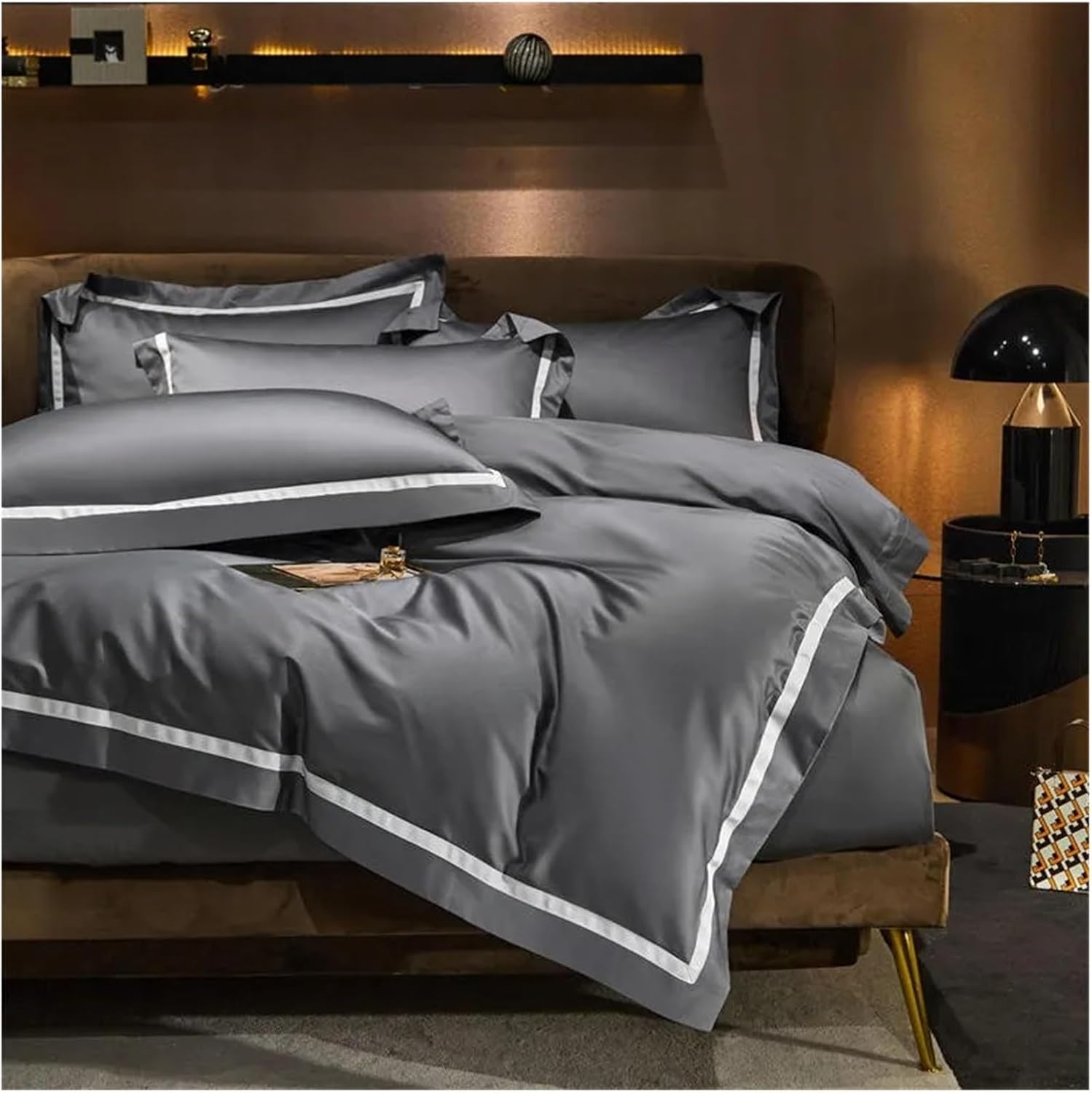 Gray Smooth Soft Rich Color 1000TC Long Staple Cotton Simple Chic Wide Edge 4Pcs Bedding Set Duvet Cover Bed Sheet Pillowcases,Bedding
