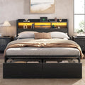 Furnulem Queen Bed Frame with Wood Headboard and Storage Shelf, Metal Platform Bed Frame Queen Size with Storage Drawers, LED Lights and Charging Station, No Box Spring Needed, Noise Free, Black