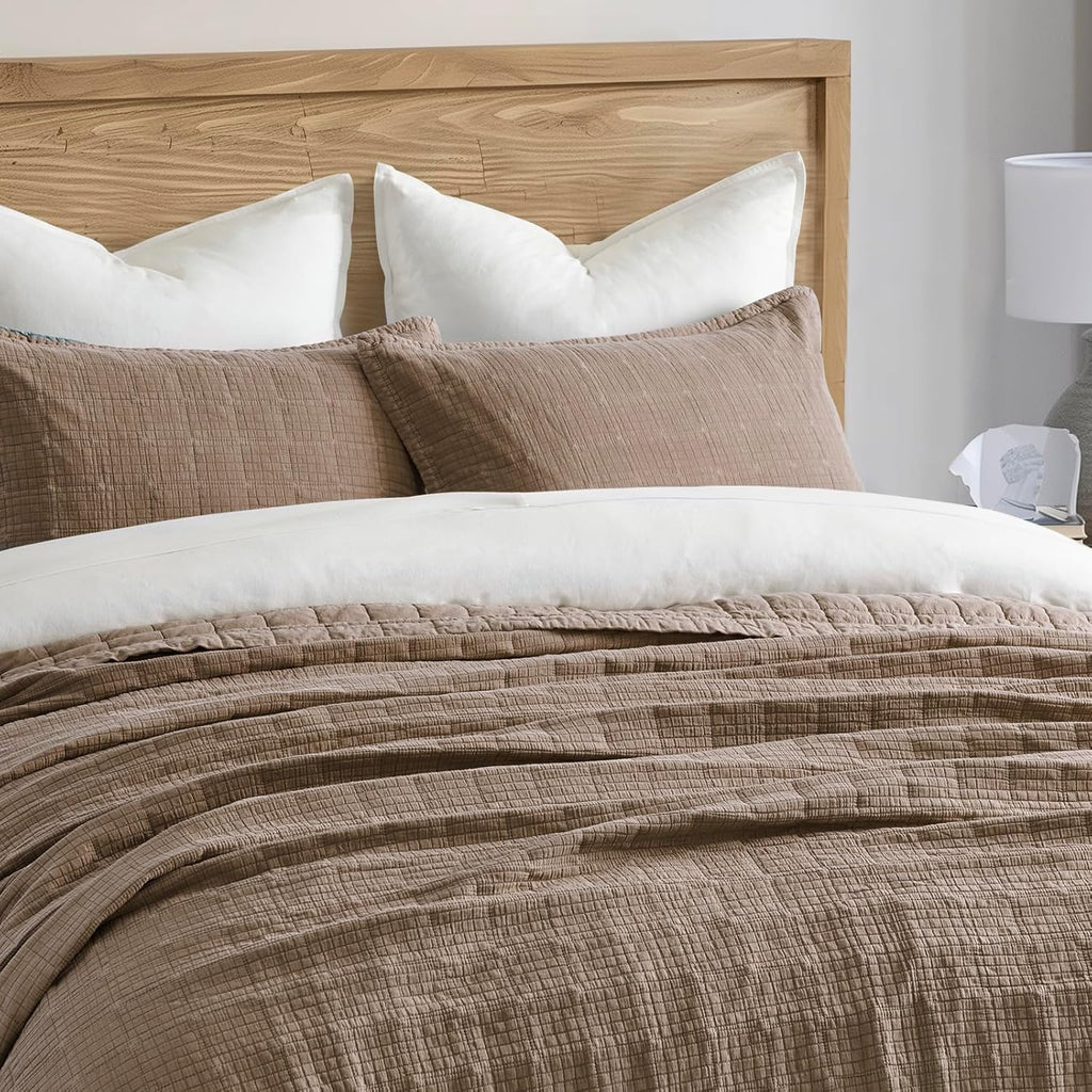 EVERGRACEHOME Stonewashed Cotton Quilt Set King Size, Ultra Soft Oversized Bedspread Coverlet Set, Lightweight Crinkle Box Stitch Bedding Sets for All Season, with 2 Shams, Mocha Brown