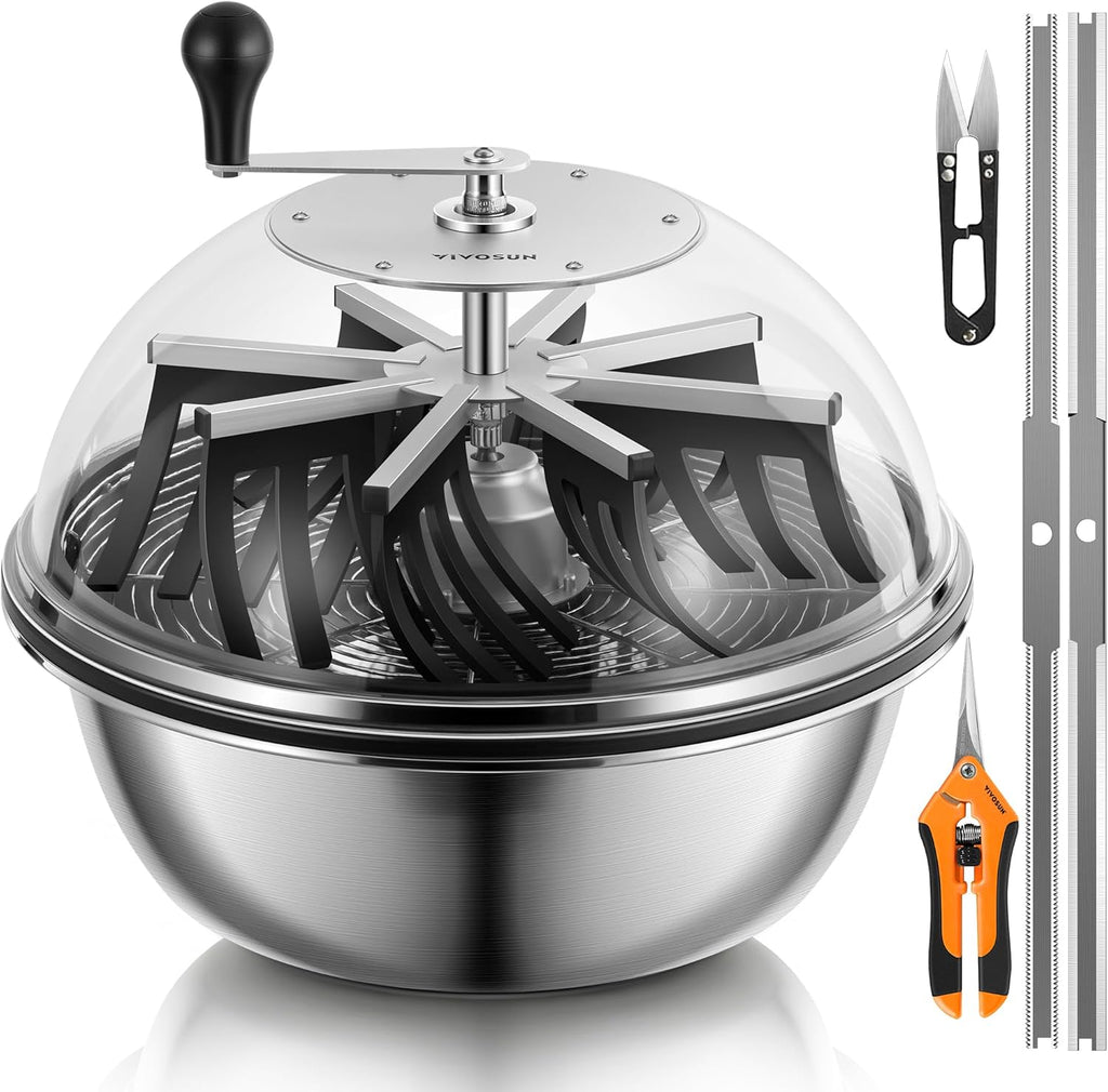 VIVOSUN 19 inch Bud Leaf Bowl Trimmer with Clear Visibility Dome, Sharp Stainless Steel Blades for Spin Cut, Solid Metal Gear Box, and Hand Pruner (Upgraded Version)