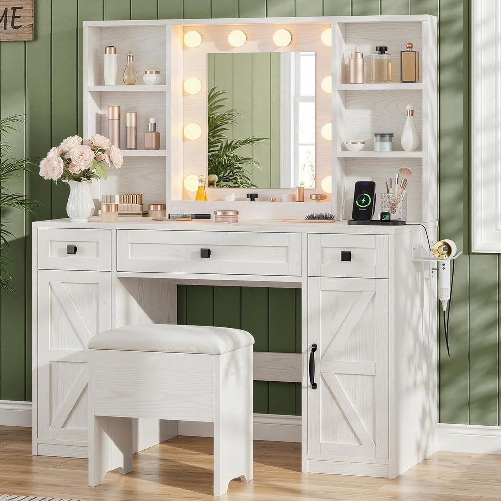IRONCK White Vanity Desk with Mirror & Lights, Farmhouse Makeup Vanity Table with Adjustable 3 LED Modes, Charging Station, 3 Drawers & Storage Shelves, Stool Included