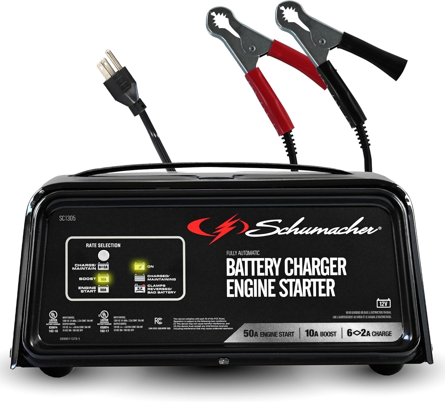 Schumacher Electric 6A Car Battery Charger and 50A Engine Starter, 3-in-1 Solution, Maintainer, 10A Boost, for 12V Power Sport, Automotive, and Marine Batteries, SC1305