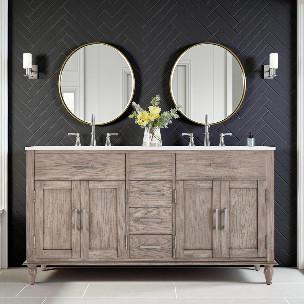AMERLIFE 60" Solid Oak Double Sink Bathroom Vanity with Sink Combo, Antique Grey Oak Vanity Cabinet with Drawers & Adjustable Shelves, Easy Assembly