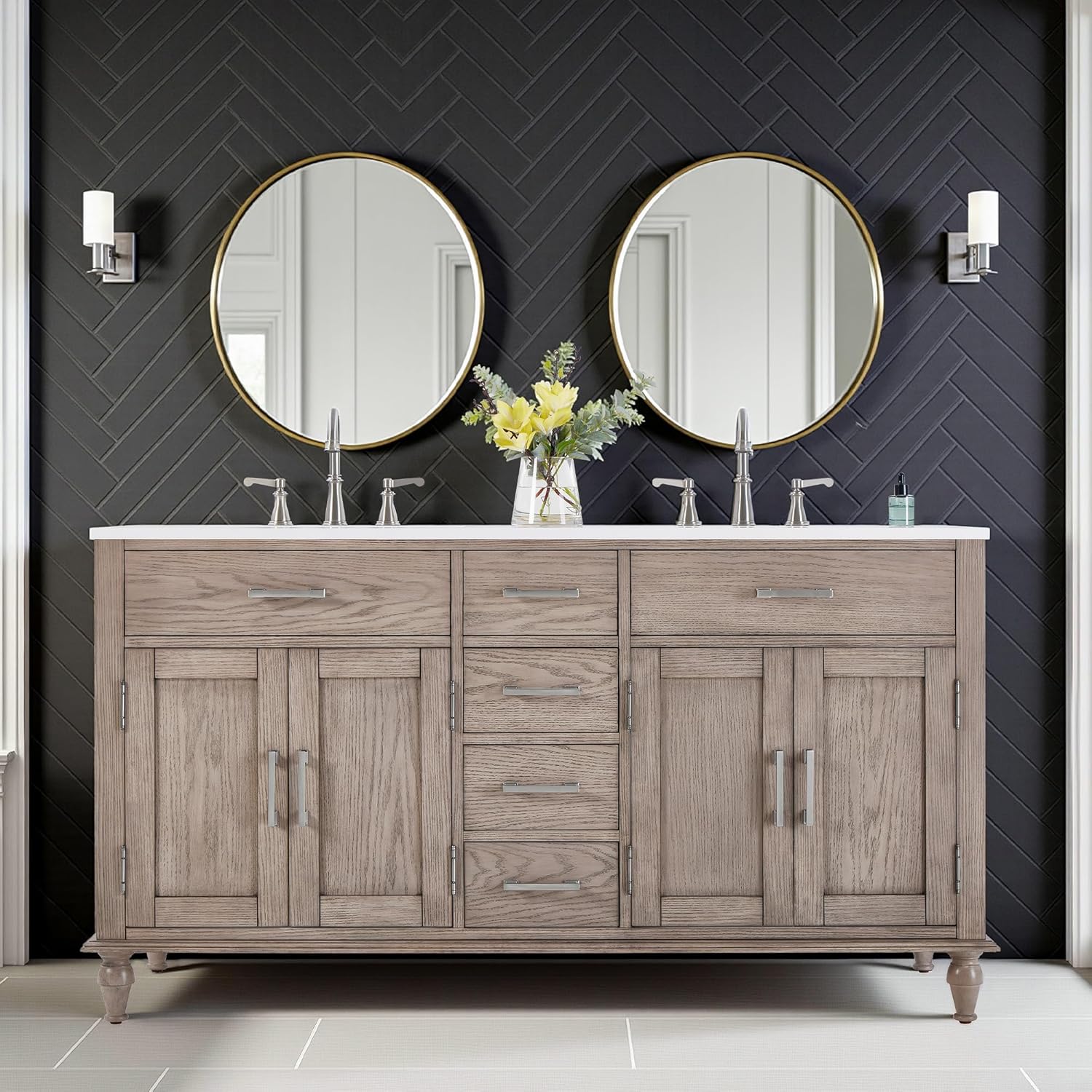 AMERLIFE 60" Solid Oak Double Sink Bathroom Vanity with Sink Combo, Antique Grey Oak Vanity Cabinet with Drawers & Adjustable Shelves, Easy Assembly