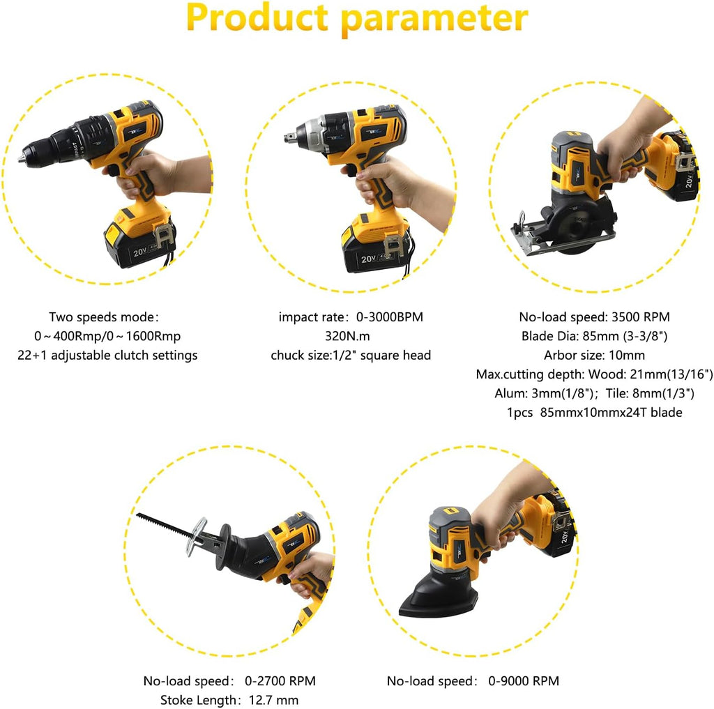 NEWONE 5-Tool Cordless Tool Combo Kit Compatible with De-Walt 20V Battery,Tool Set with Circular Saw, Drill,Reciprocating Saw, Impact Wrench, Sander with Accessories, 4.0Ah Lithium Battery and Charger
