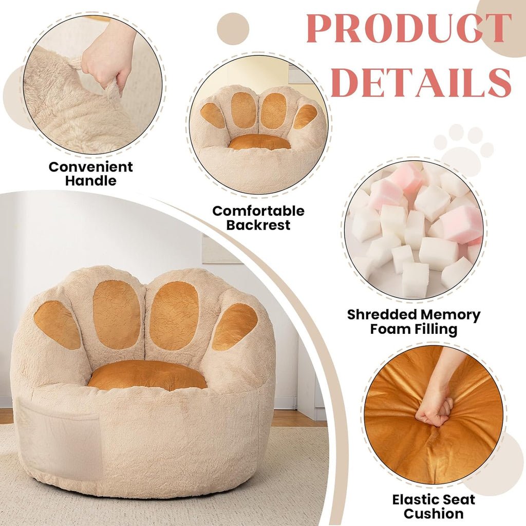Achicsofar Bean Bag Chair for Adults Teens, Gaint Faux Fur Cat's Paw Shape Beanbag Chairs Memory Foam Filled Accent Floor Sofa for Reading, Gaming, Relaxing in Living Room, Bedroom, Dorm